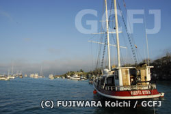 諸島最大の町、プエルト・アヨラに停泊する観光船