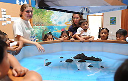 地元の小学生を集めて行われている地間の環境問題に関する授業＝ガラパゴス諸島サンタクルス島で